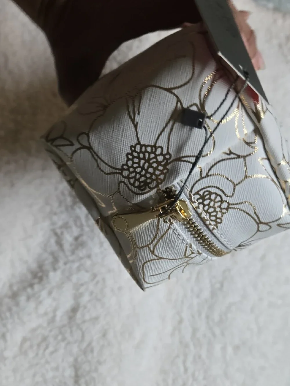 Vince Camuto White Cosmetic Bag with Gold Floral Accents